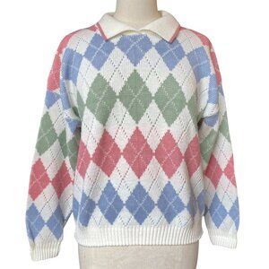 Vintage Season Ticket Argyle Sweater Polo Collar Pastel Granny Academia 90s-M
